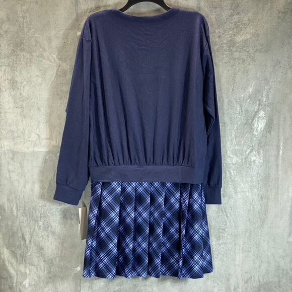 KINGSTON GREY Juniors' Navy Check Pleated Skirt Crewneck Mini Sweater Dress SZ L - Picture 3 of 12